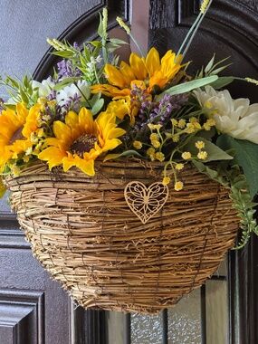 Spring/Summer Wall, Patio or Door Hanging Basket Wreath,Floral, Greenery